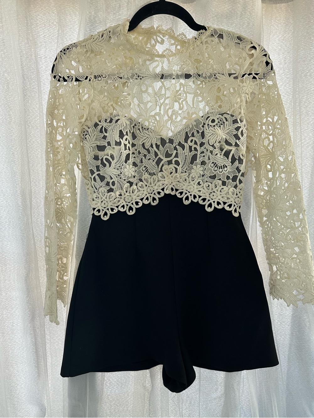 Elegant Topshop PETITE Black Romper with Cream Lace Overlay